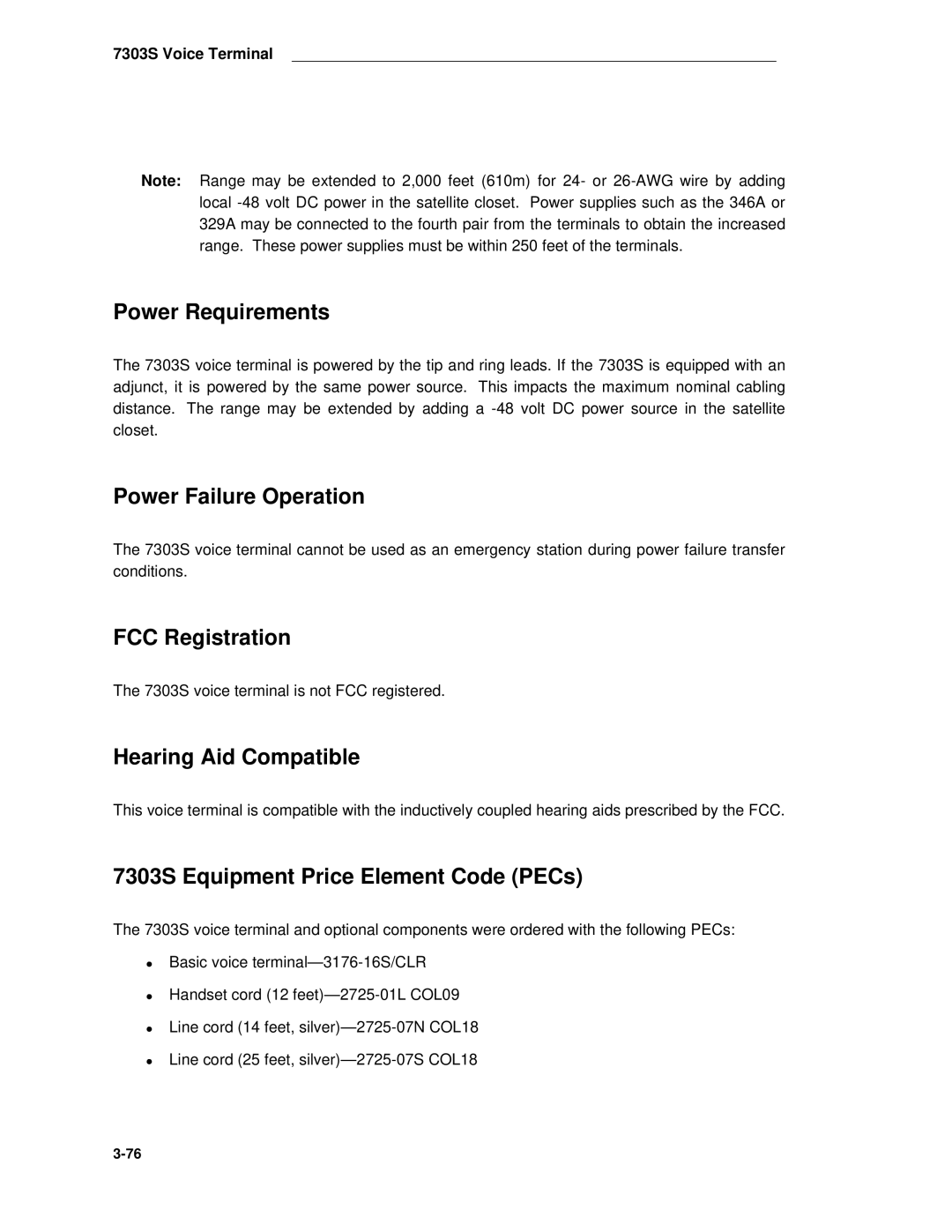 AT&T System 85 manual Power Requirements, 7303S Equipment Price Element Code PECs 