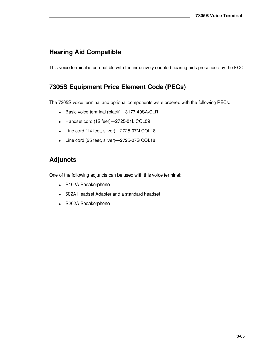 AT&T System 85 manual Hearing Aid Compatible, 7305S Equipment Price Element Code PECs 