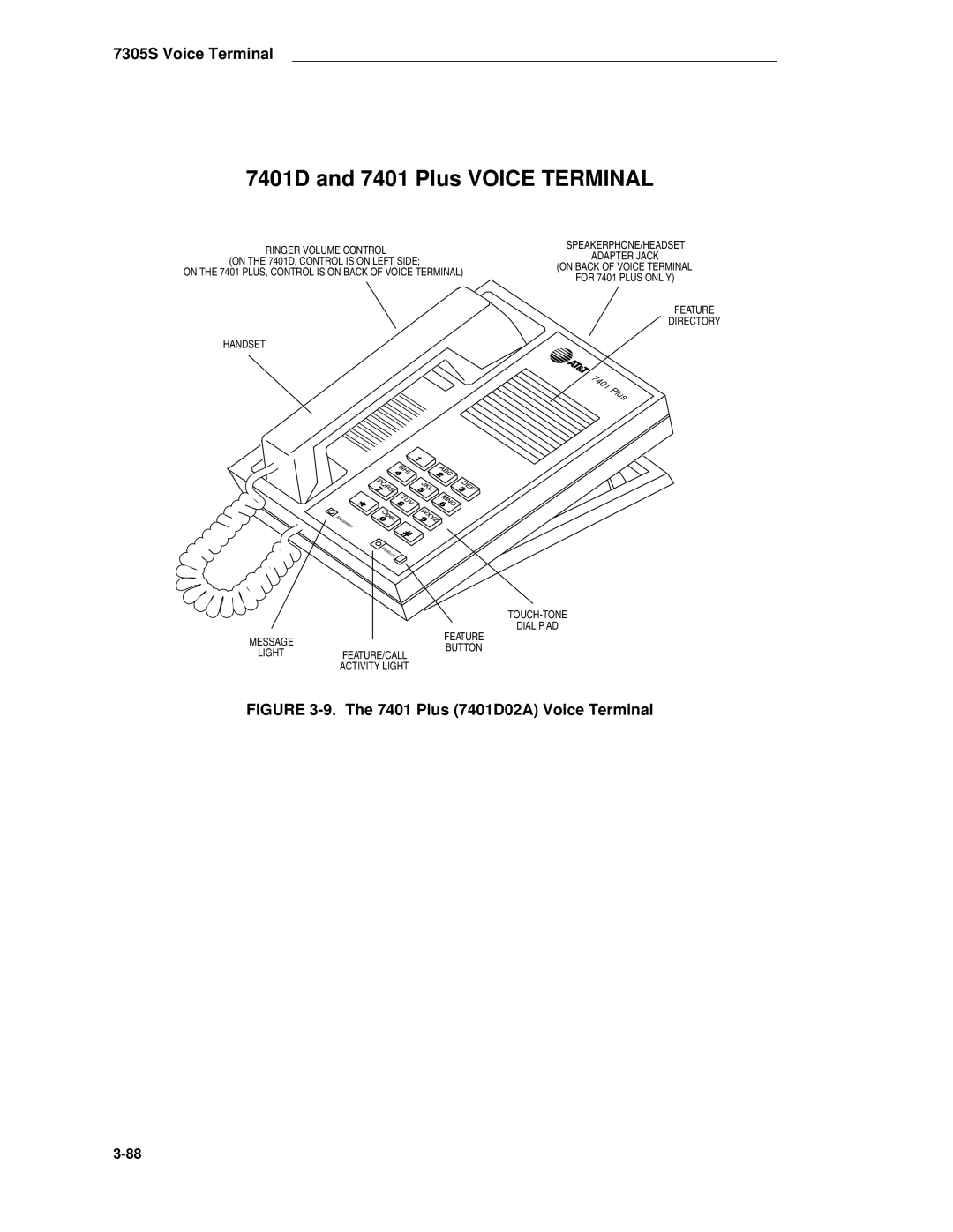 AT&T System 85 manual 7401D and 7401 Plus Voice Terminal, Plus 7401D02A Voice Terminal 