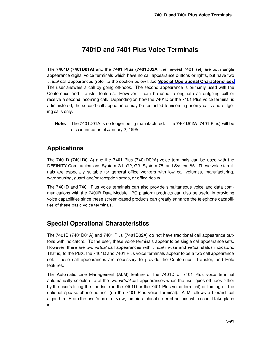 AT&T System 85 manual 7401D and 7401 Plus Voice Terminals, Special Operational Characteristics 