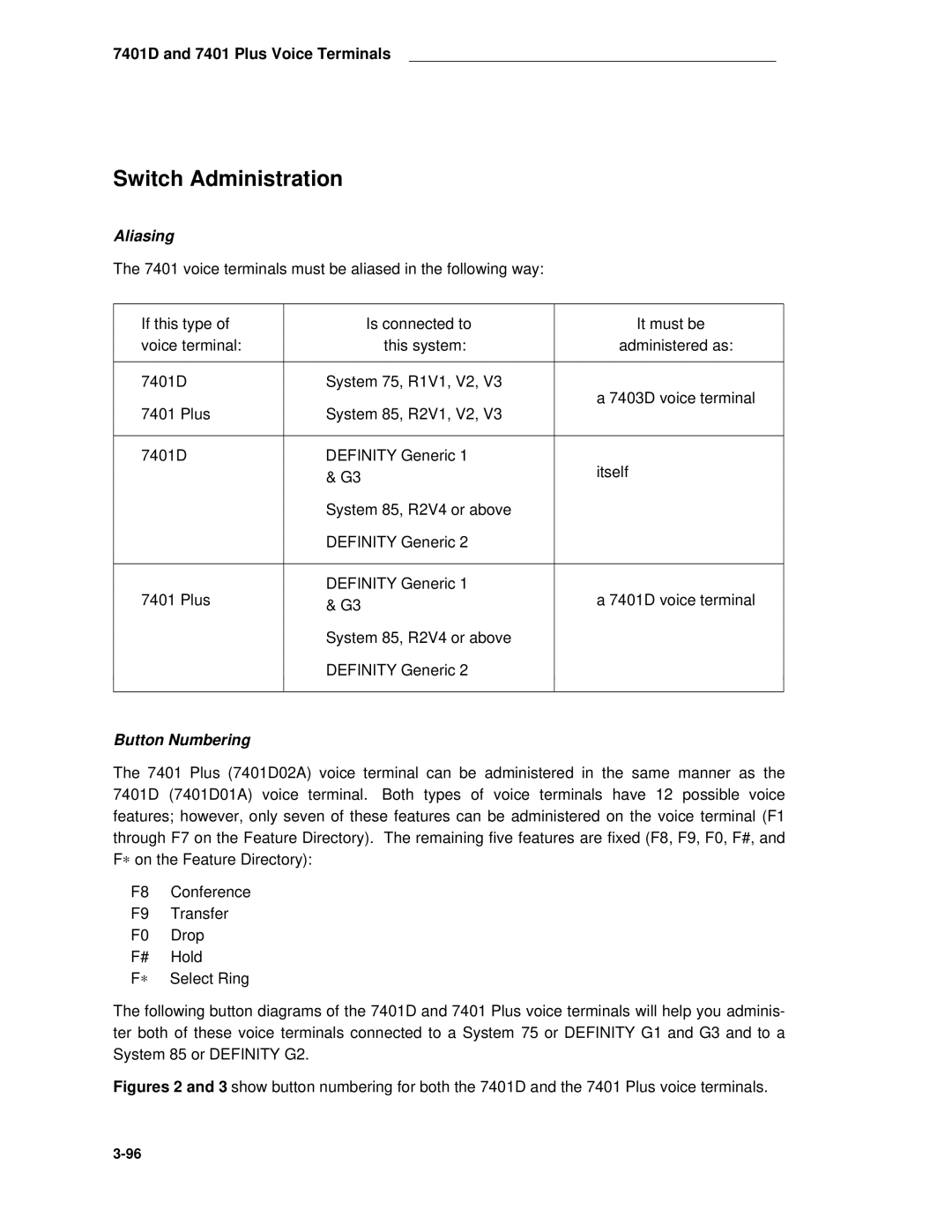 AT&T System 85 manual Switch Administration, Aliasing, Button Numbering 