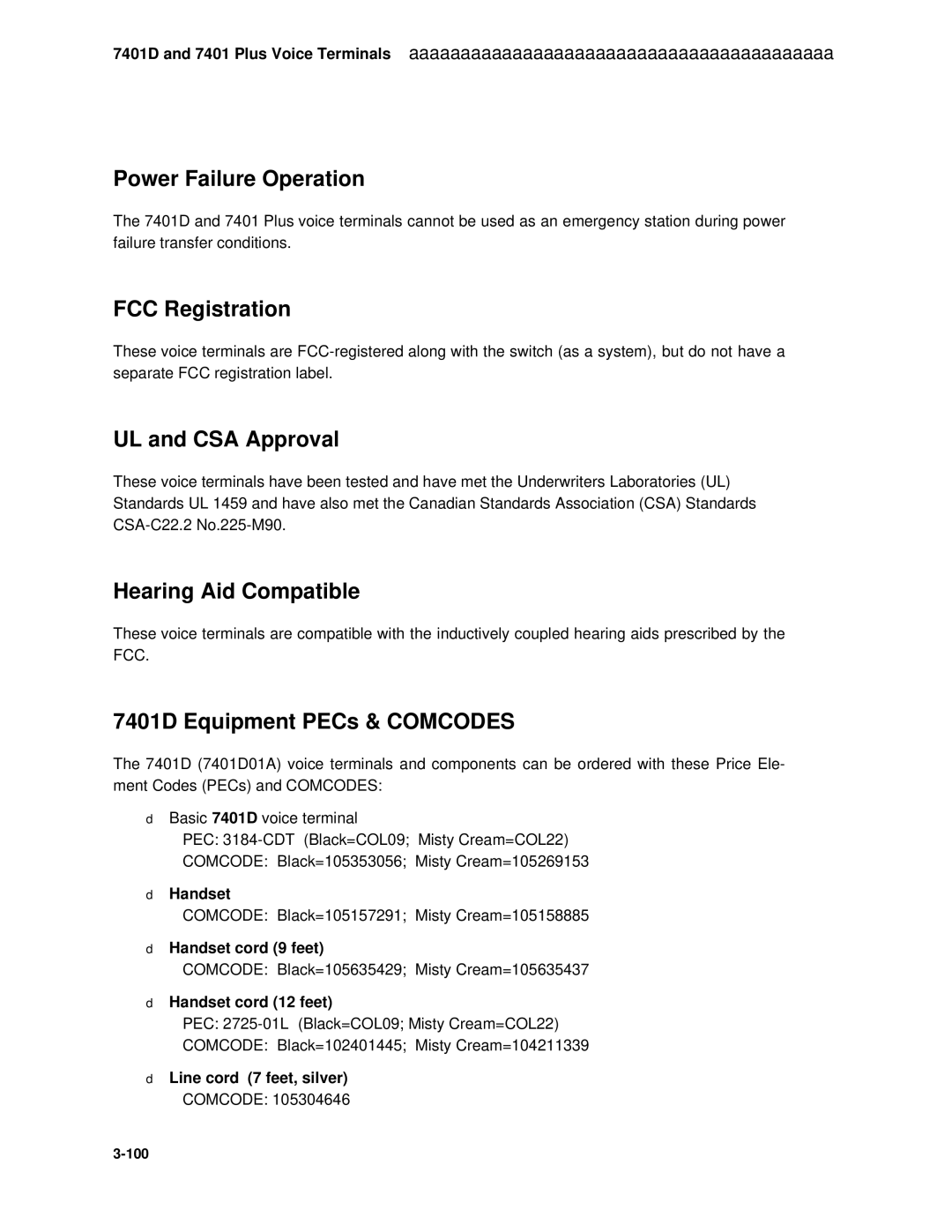 AT&T System 85 manual UL and CSA Approval, 7401D Equipment PECs & Comcodes 