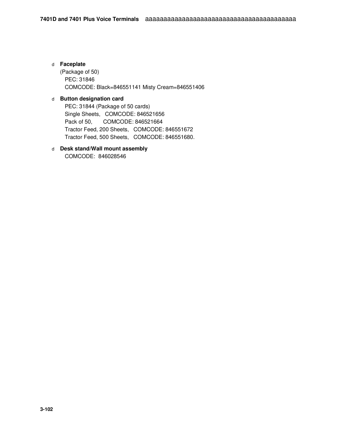 AT&T System 85 manual 7401D and 7401 Plus Voice Terminals Faceplate, Button designation card 