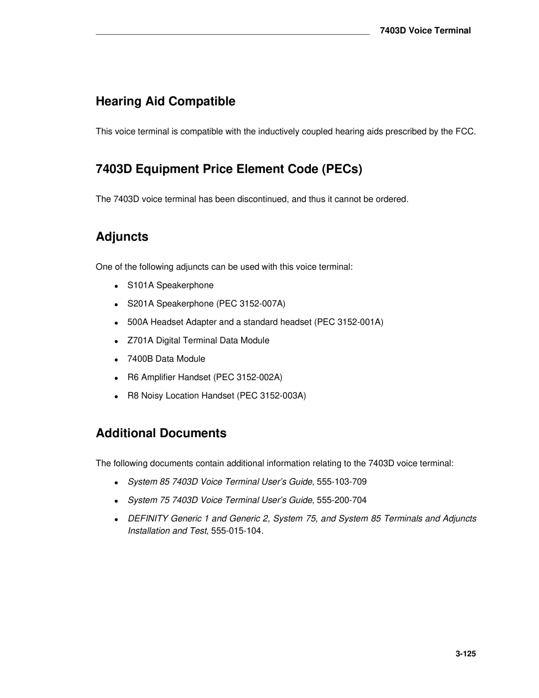 AT&T System 85 manual Hearing Aid Compatible, 7403D Equipment Price Element Code PECs 