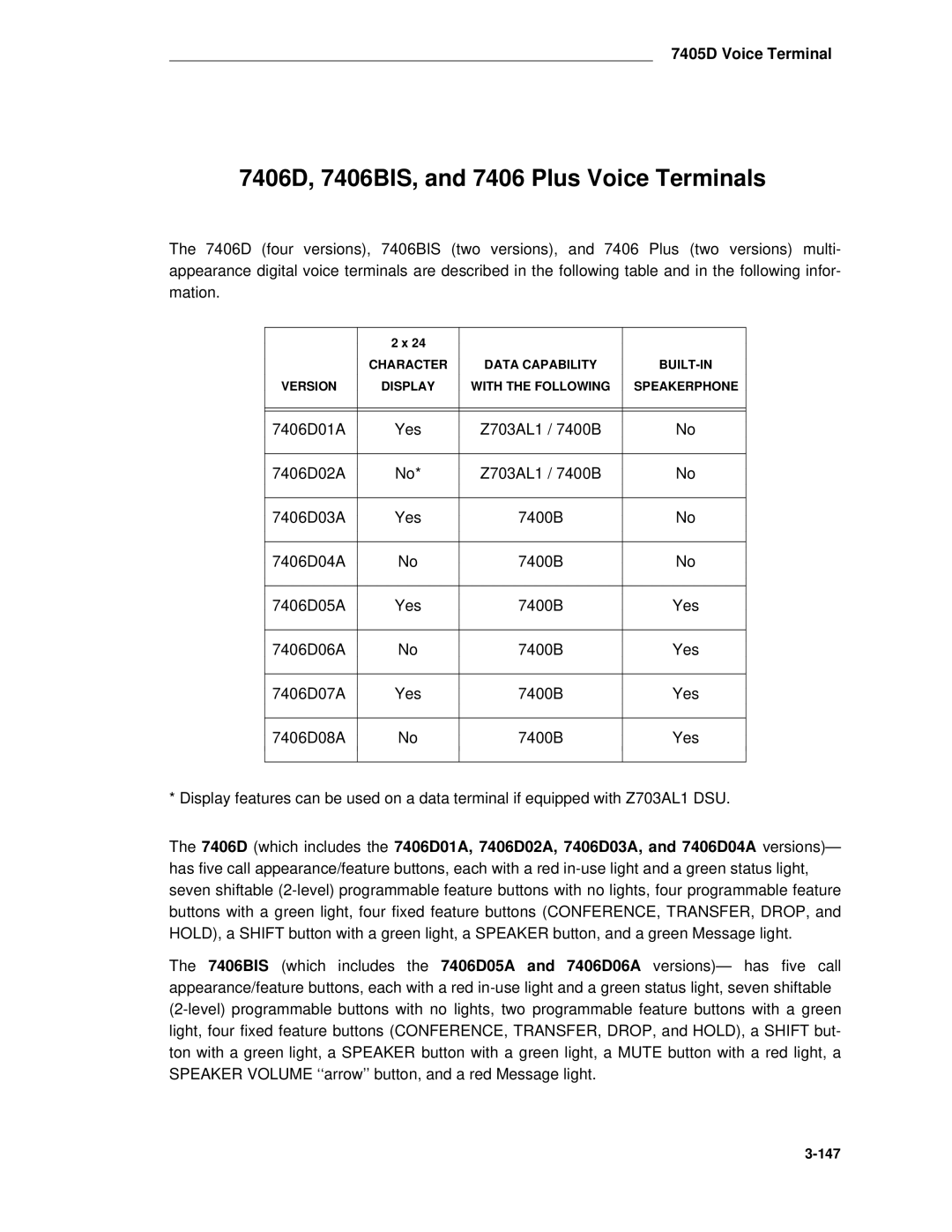 AT&T System 85 manual 7406D, 7406BIS, and 7406 Plus Voice Terminals 