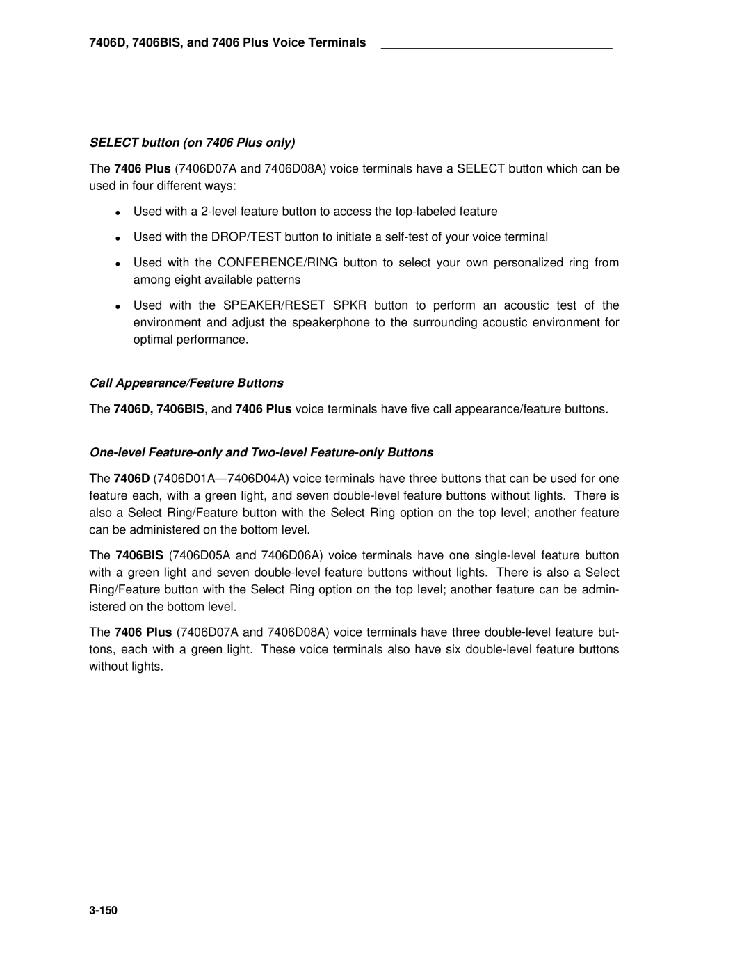 AT&T System 85 manual Select button on 7406 Plus only, One-level Feature-only and Two-level Feature-only Buttons 