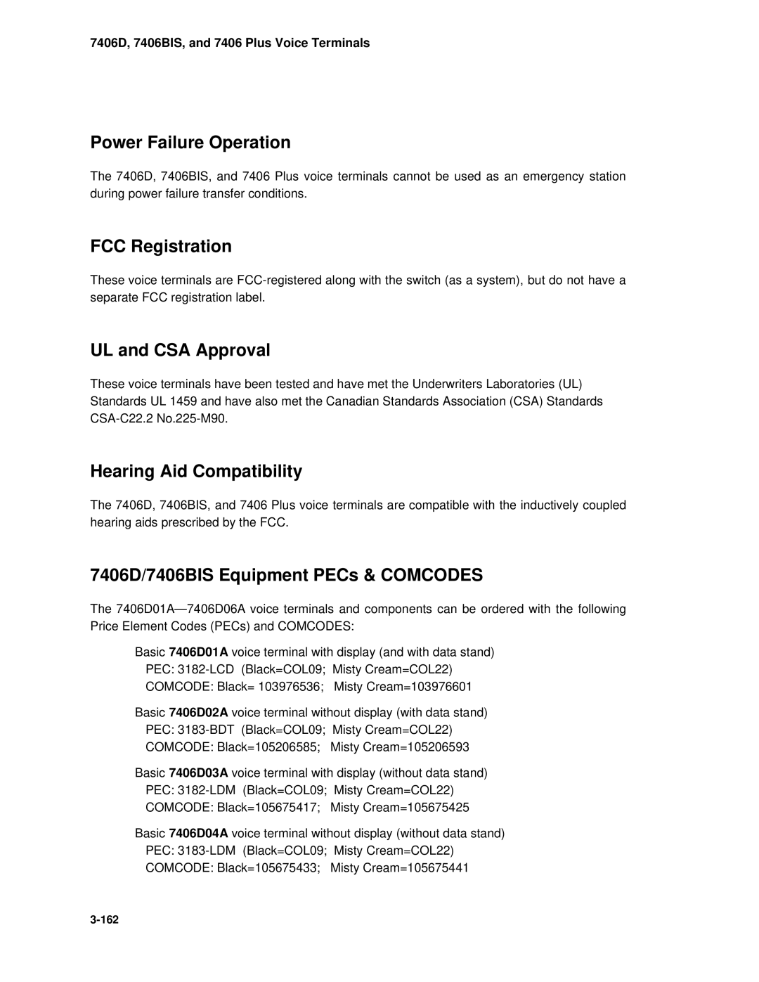 AT&T System 85 manual Hearing Aid Compatibility, 7406D/7406BIS Equipment PECs & Comcodes 