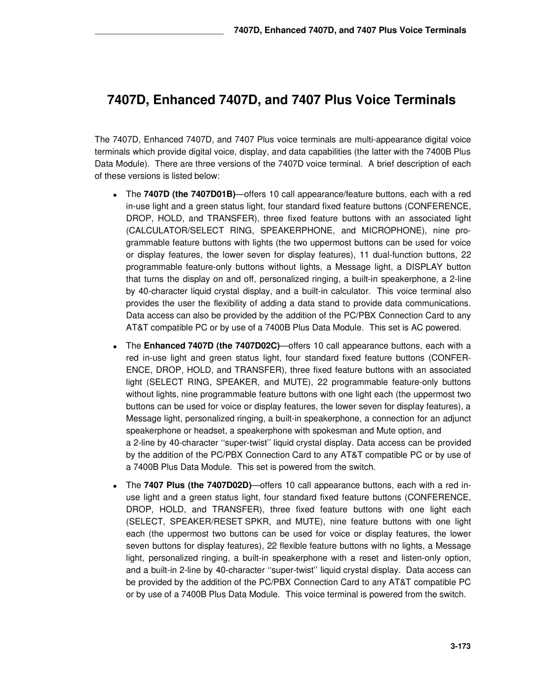 AT&T System 85 manual 7407D, Enhanced 7407D, and 7407 Plus Voice Terminals 