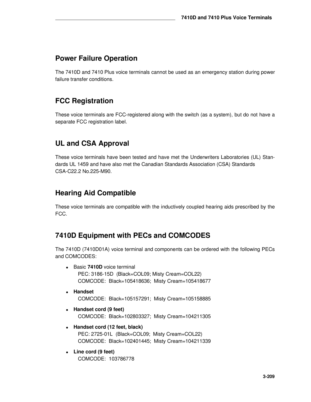 AT&T System 85 manual 7410D Equipment with PECs and Comcodes, Handset cord 12 feet, black, Line cord 9 feet 