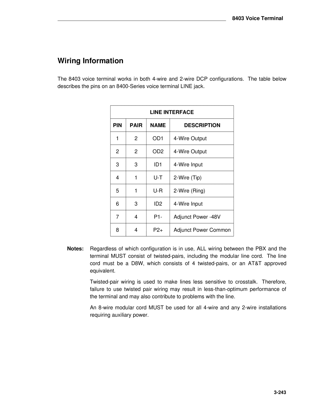 AT&T System 85 manual Wiring Information, PIN Pair Name Description 