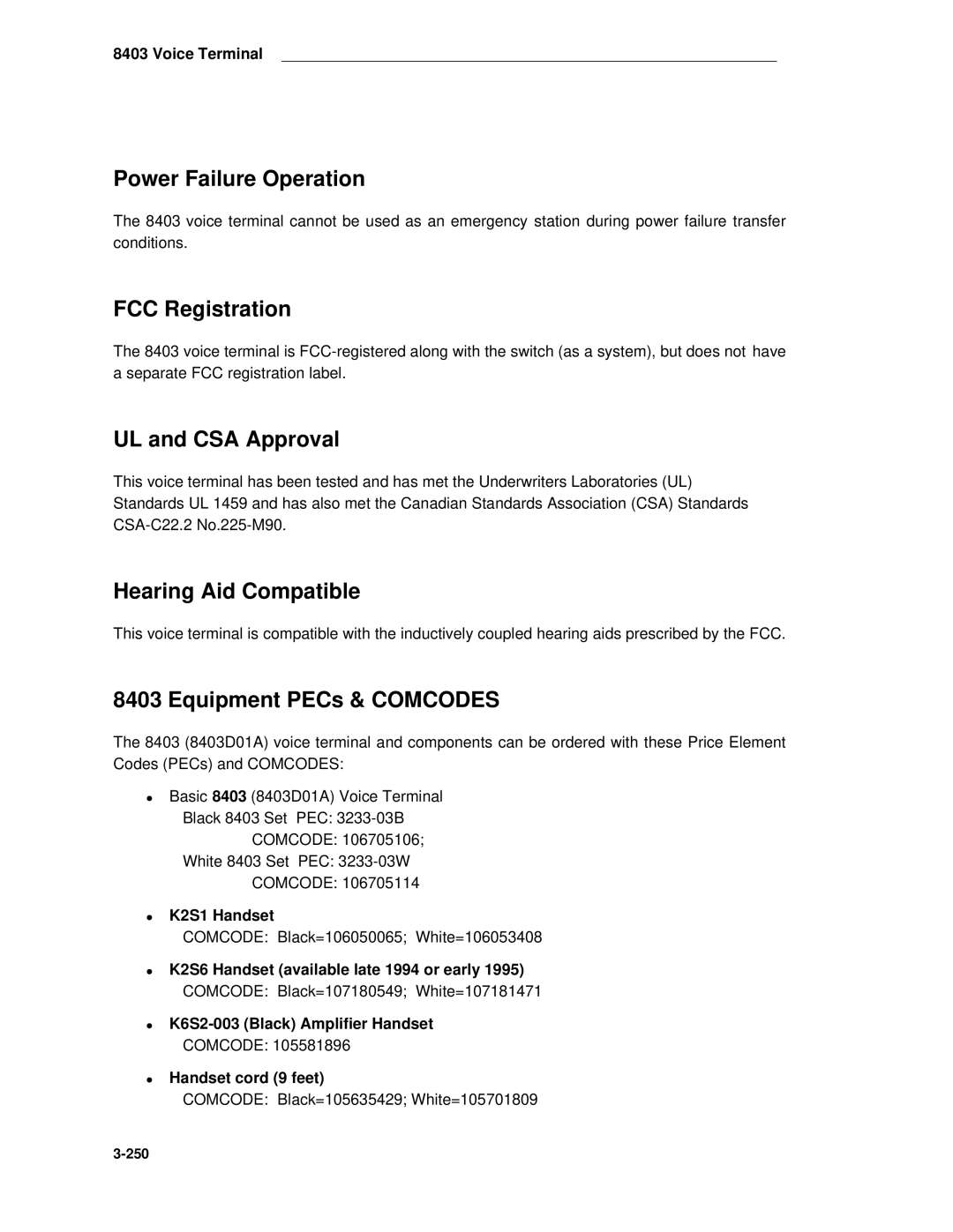 AT&T System 85 manual Equipment PECs & Comcodes, K2S1 Handset, K2S6 Handset available late 1994 or early 