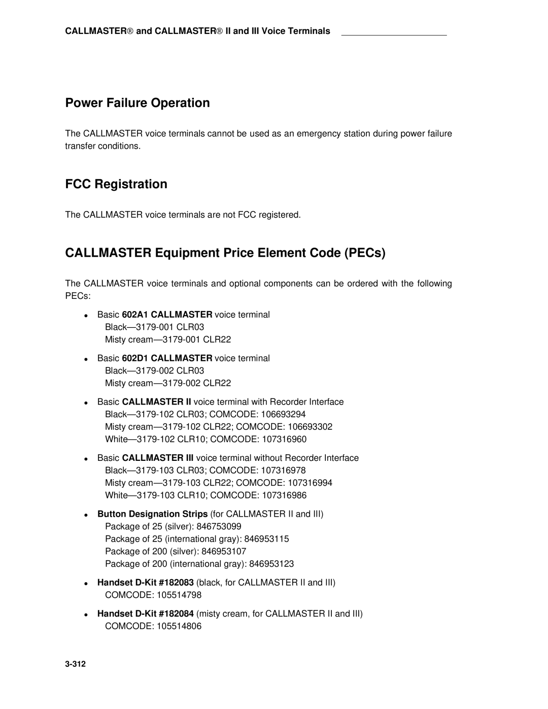 AT&T System 85 manual Power Failure Operation, Callmaster Equipment Price Element Code PECs 