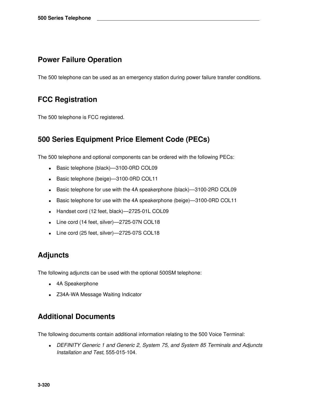 AT&T System 85 manual Power Failure Operation, Series Equipment Price Element Code PECs 