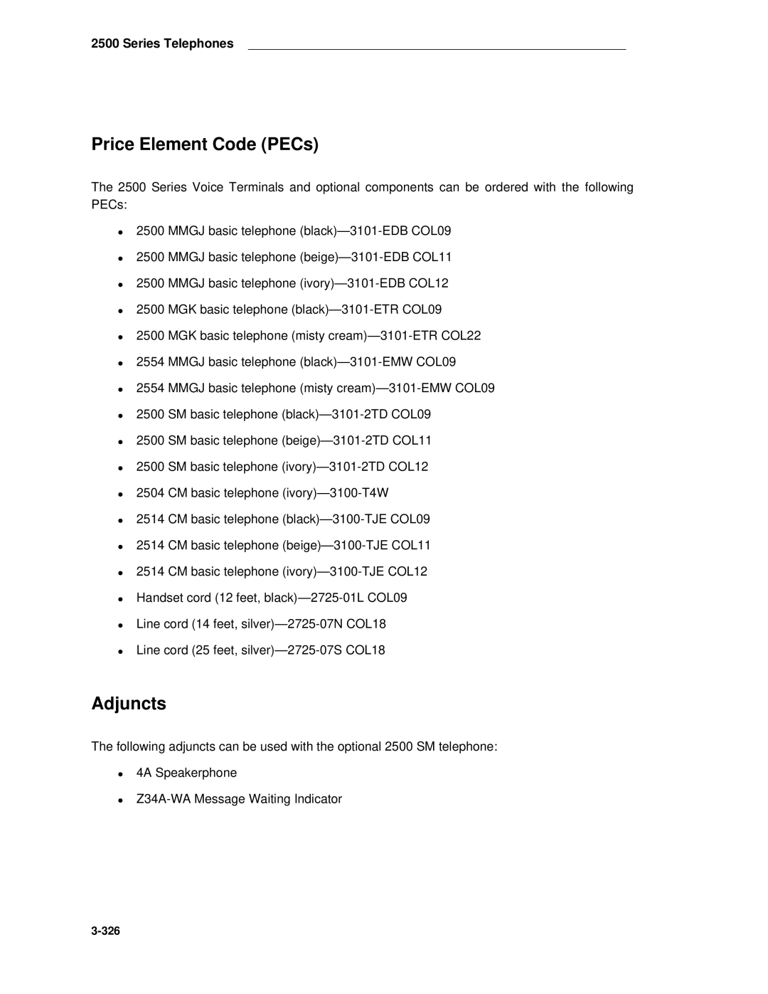 AT&T System 85 manual Price Element Code PECs, Adjuncts 