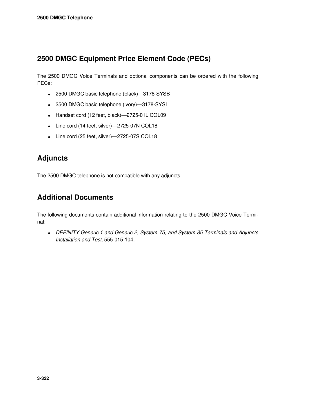 AT&T System 85 manual Dmgc Equipment Price Element Code PECs, Adjuncts 