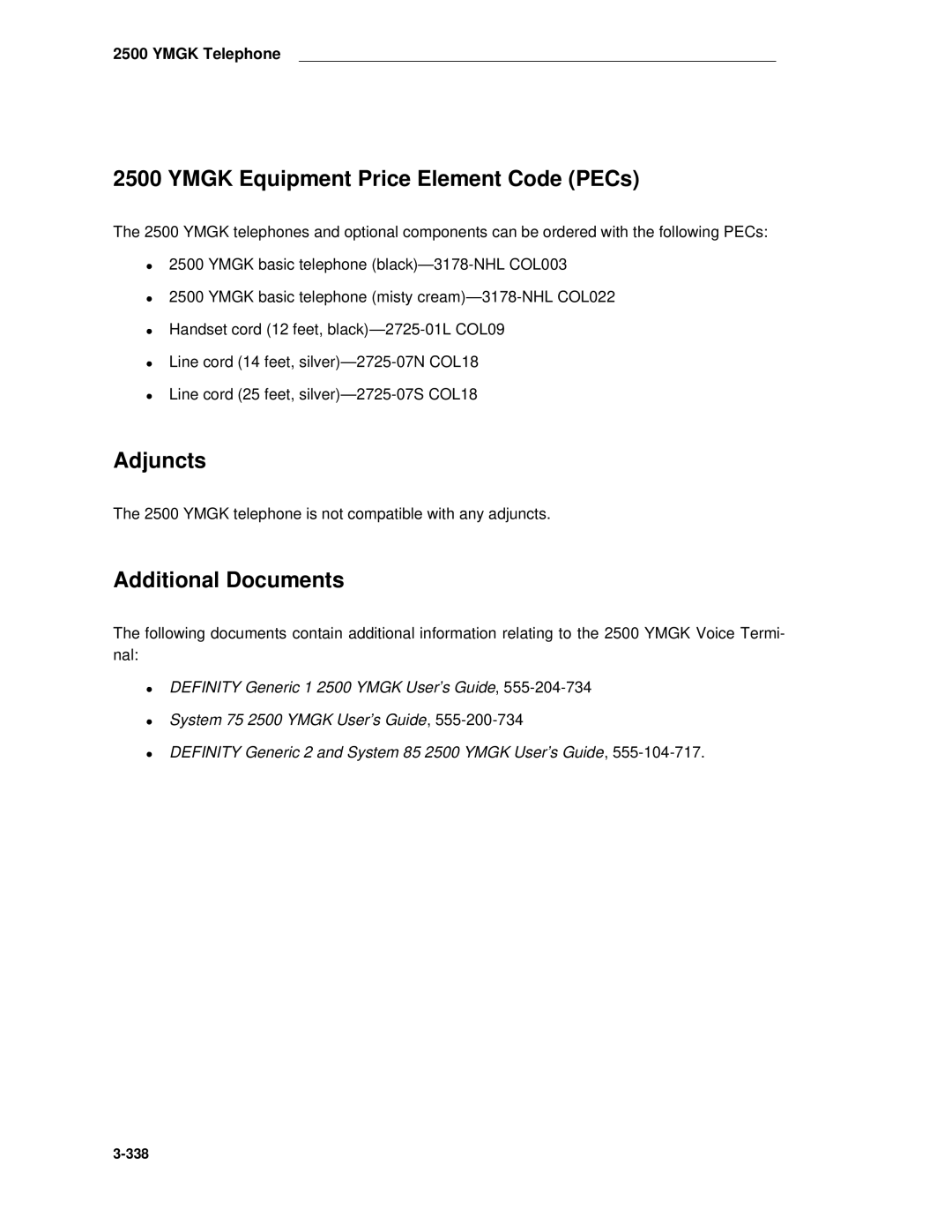 AT&T System 85 manual Ymgk Equipment Price Element Code PECs, Adjuncts 