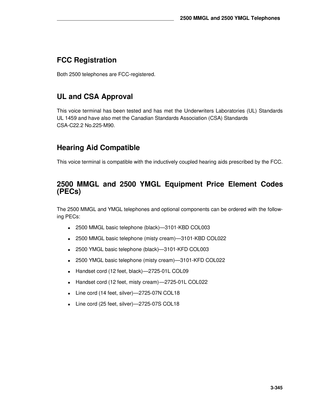 AT&T System 85 manual FCC Registration, Mmgl and 2500 Ymgl Equipment Price Element Codes PECs 