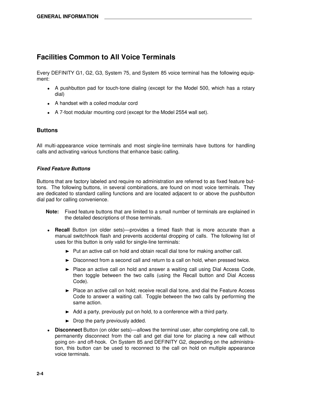 AT&T System 85 manual Facilities Common to All Voice Terminals, Fixed Feature Buttons 