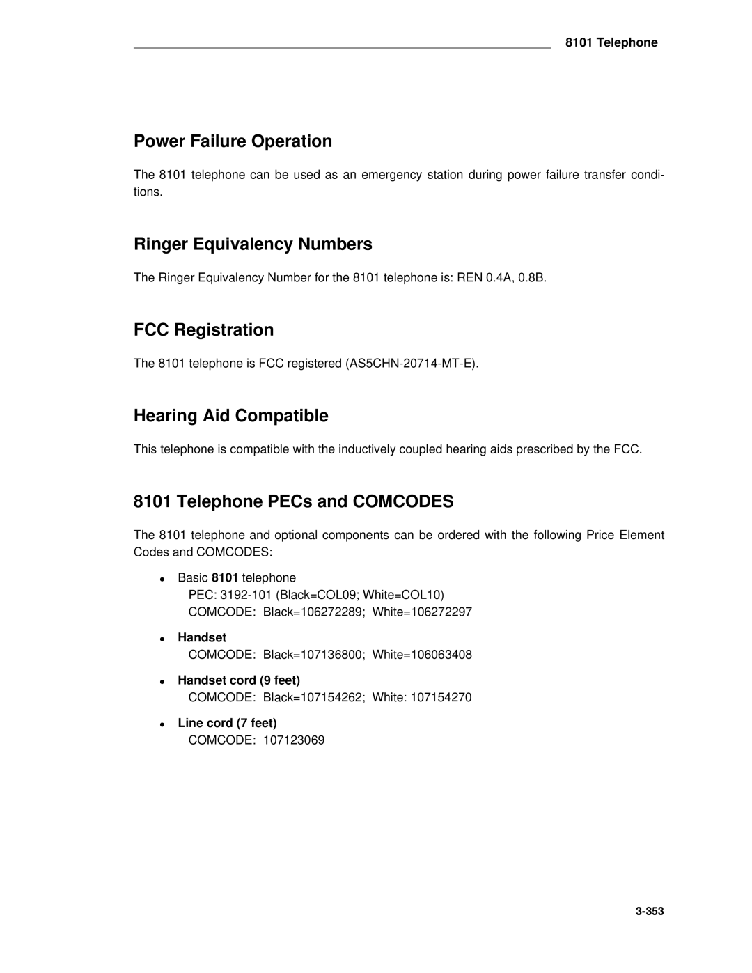 AT&T System 85 manual Ringer Equivalency Numbers, Telephone PECs and Comcodes 