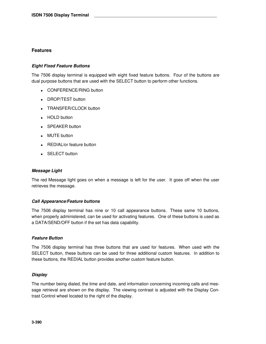 AT&T System 85 manual Features, Isdn 7506 Display Terminal 