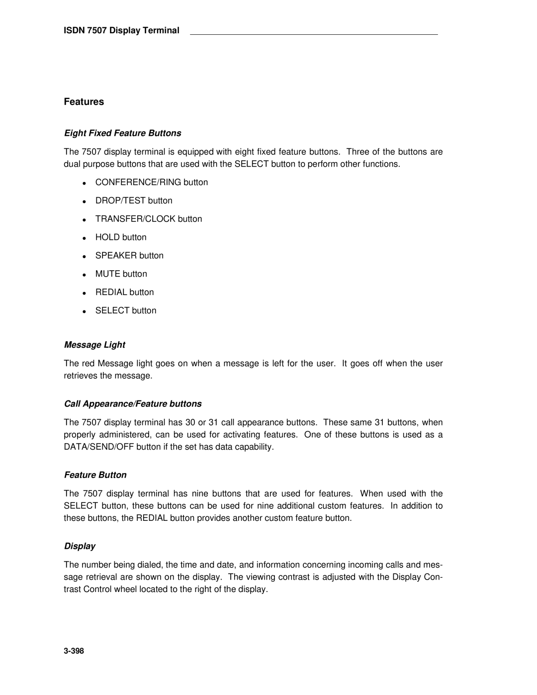 AT&T System 85 manual Features, Isdn 7507 Display Terminal 