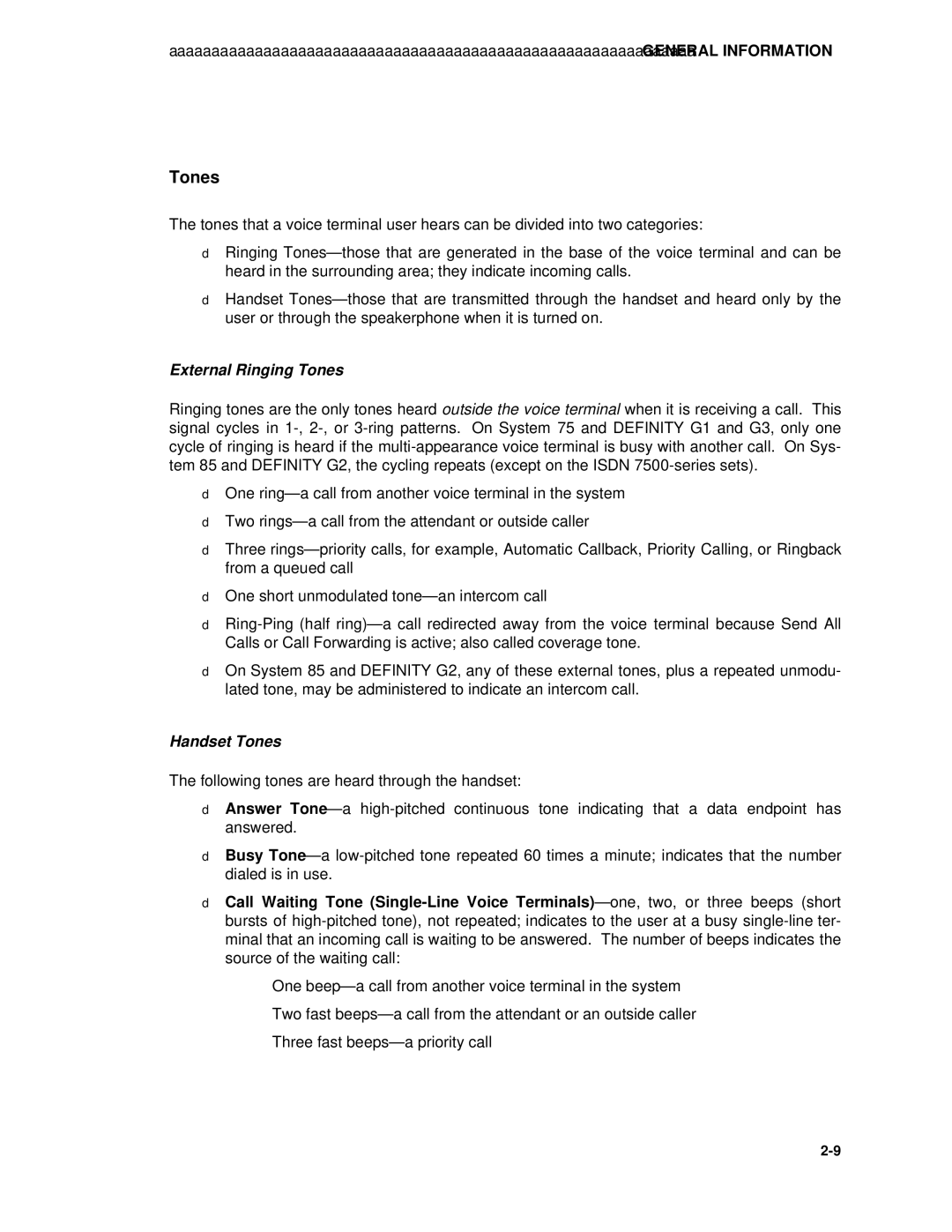 AT&T System 85 manual External Ringing Tones, Handset Tones 