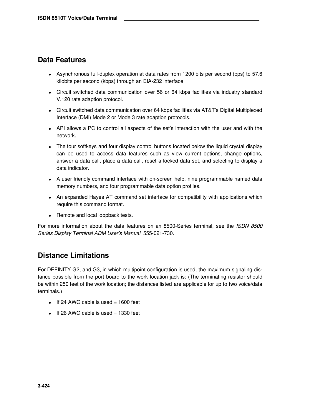 AT&T System 85 manual Data Features, Distance Limitations 