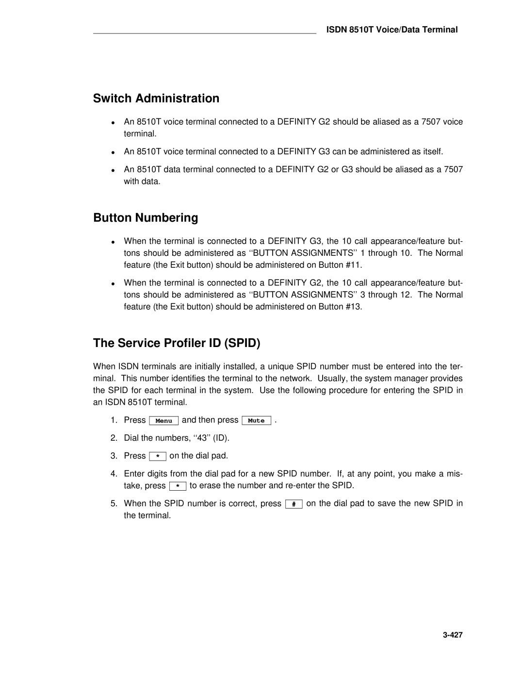 AT&T System 85 manual Button Numbering, Service Profiler ID Spid 