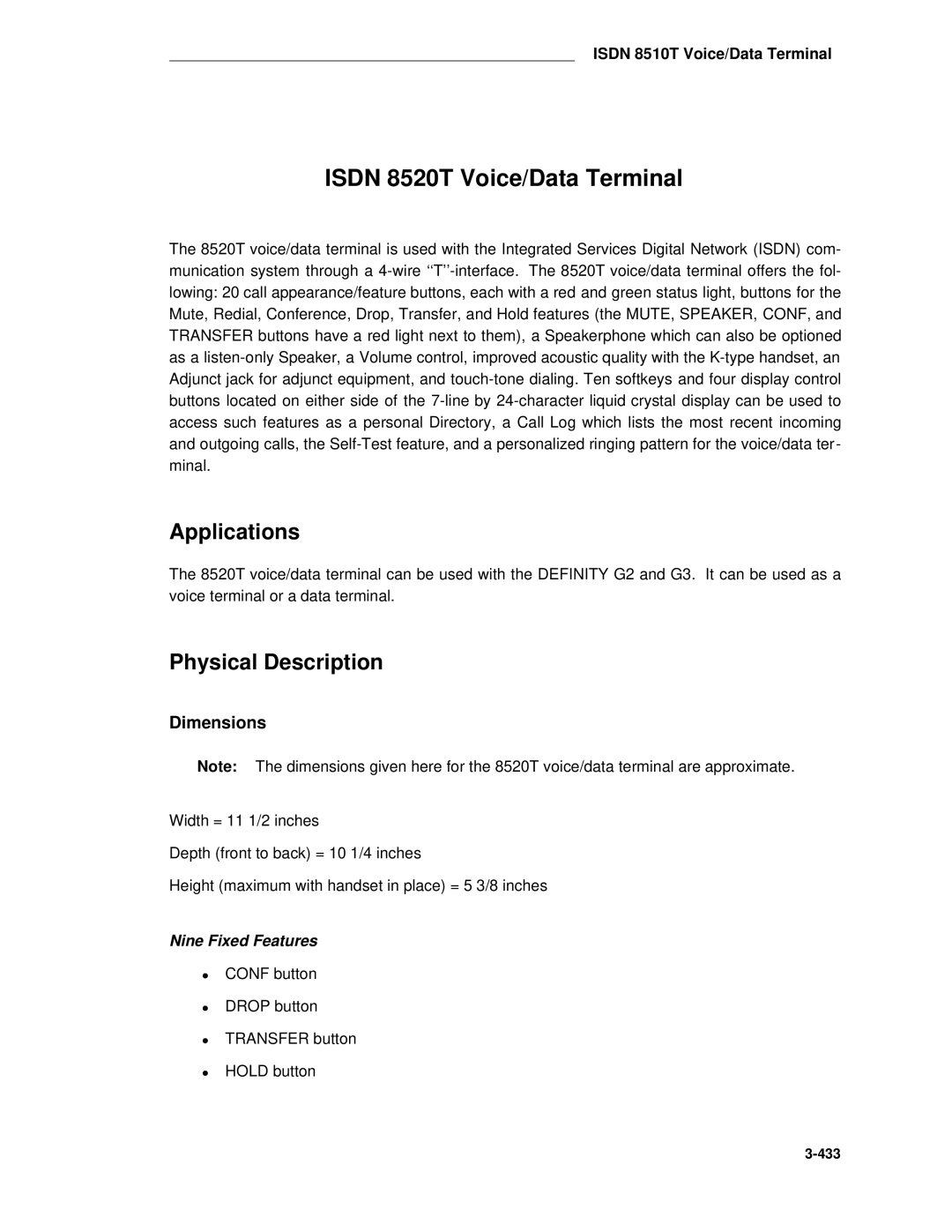 AT&T System 85 manual Isdn 8520T Voice/Data Terminal, Applications 