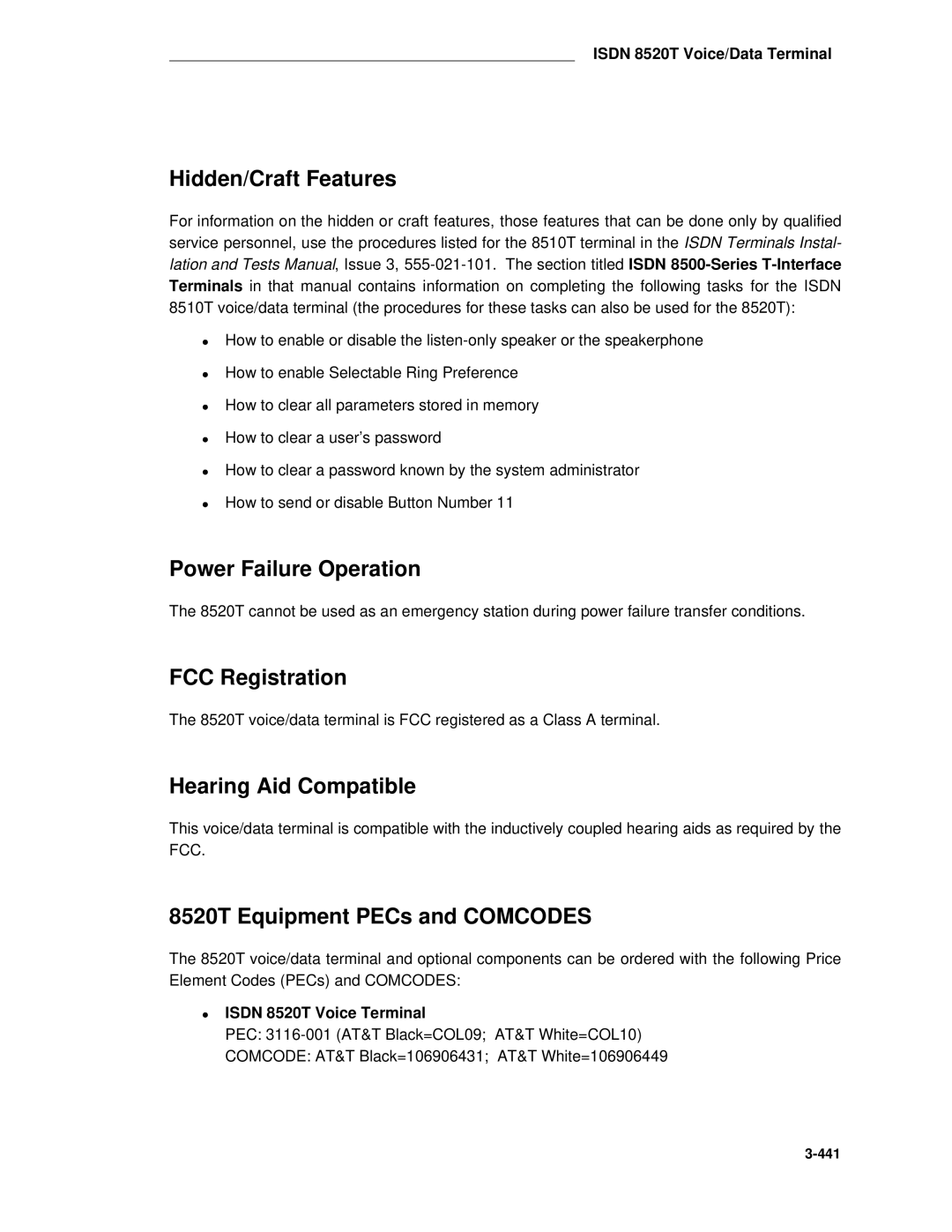 AT&T System 85 manual 8520T Equipment PECs and Comcodes, Isdn 8520T Voice Terminal 