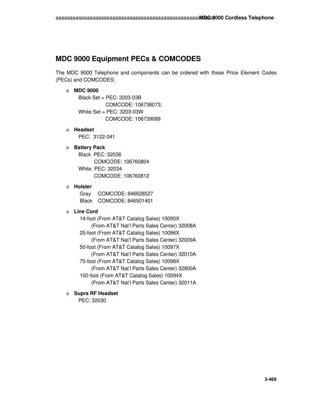 AT&T System 85 manual MDC 9000 Equipment PECs & Comcodes 