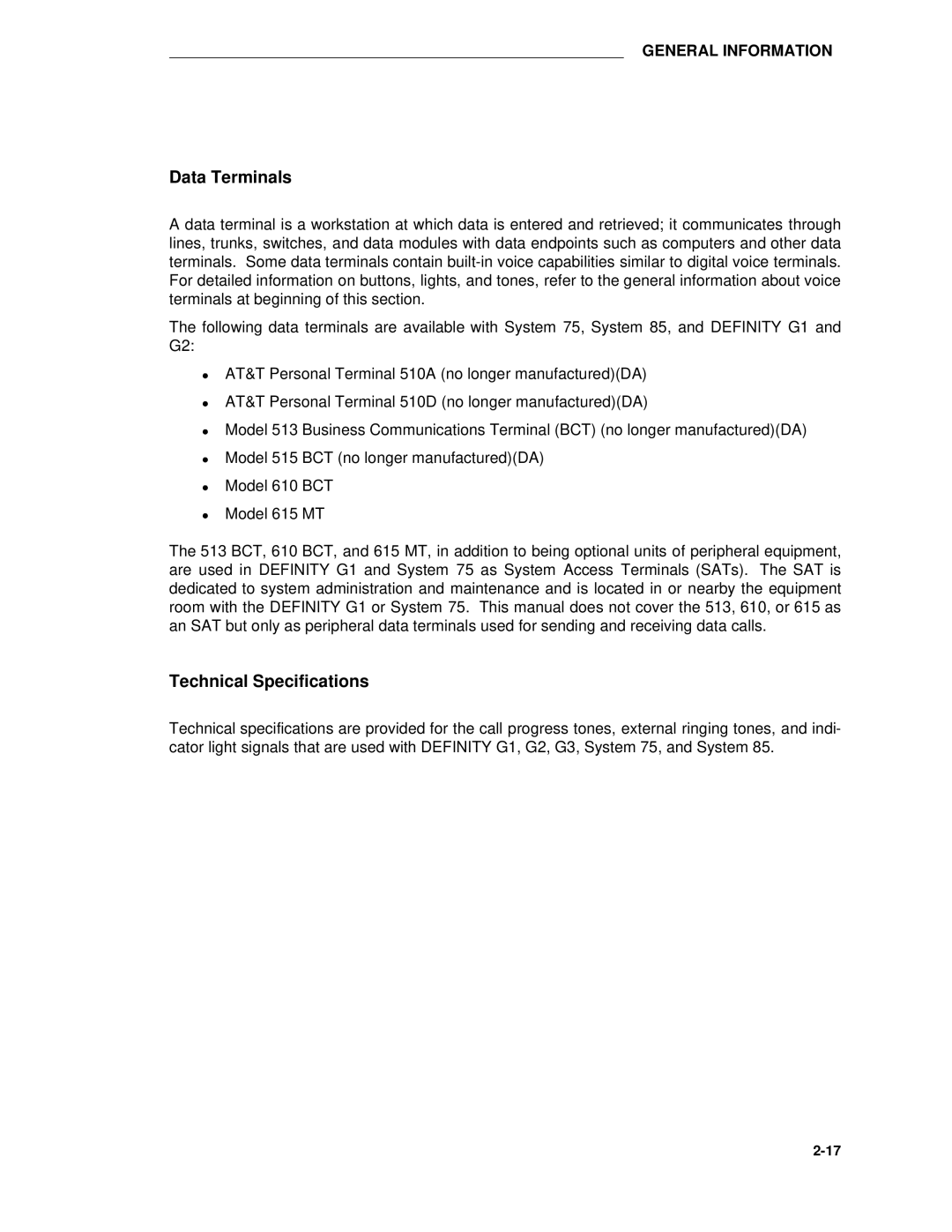 AT&T System 85 manual Data Terminals, Technical Specifications 