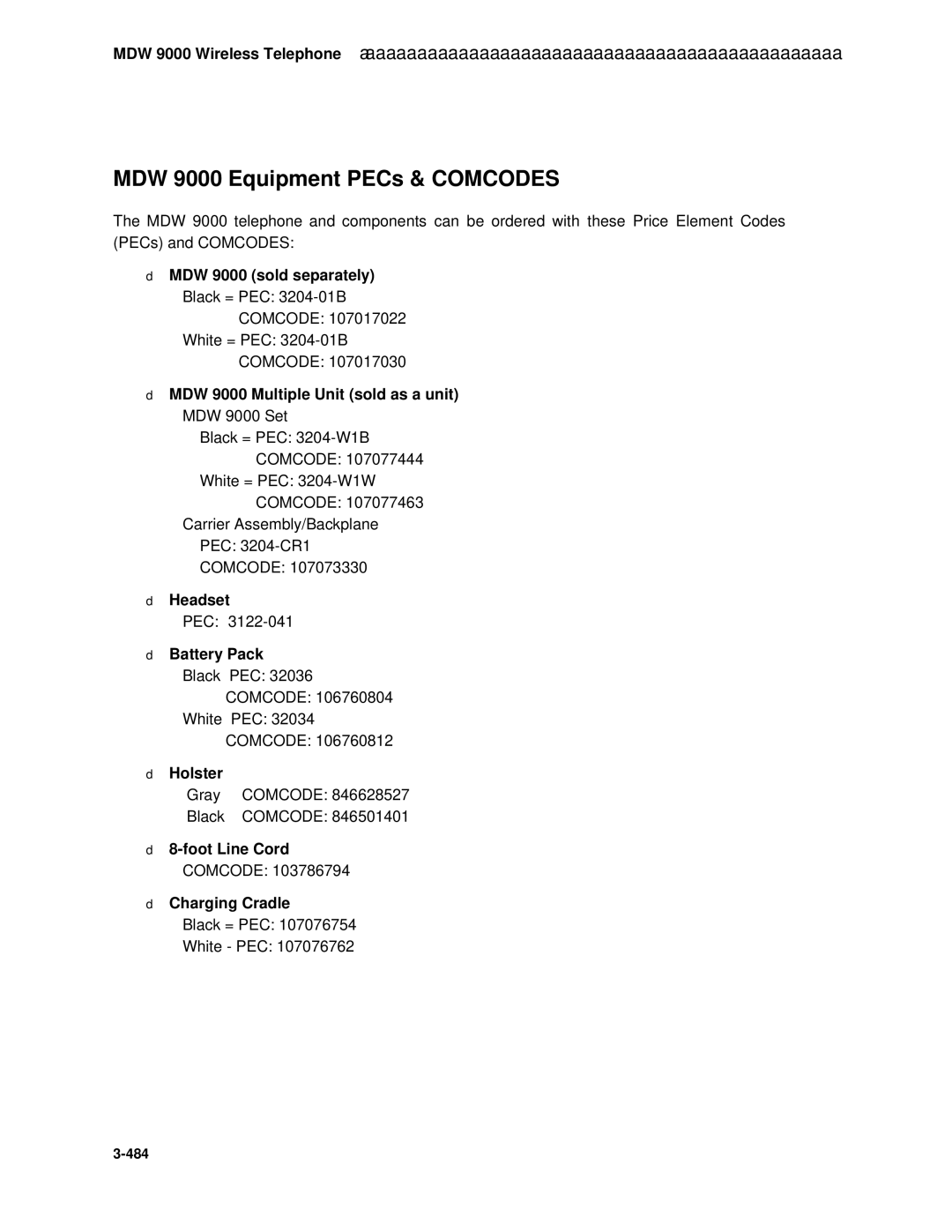 AT&T System 85 manual MDW 9000 Equipment PECs & Comcodes, MDW 9000 sold separately, MDW 9000 Multiple Unit sold as a unit 