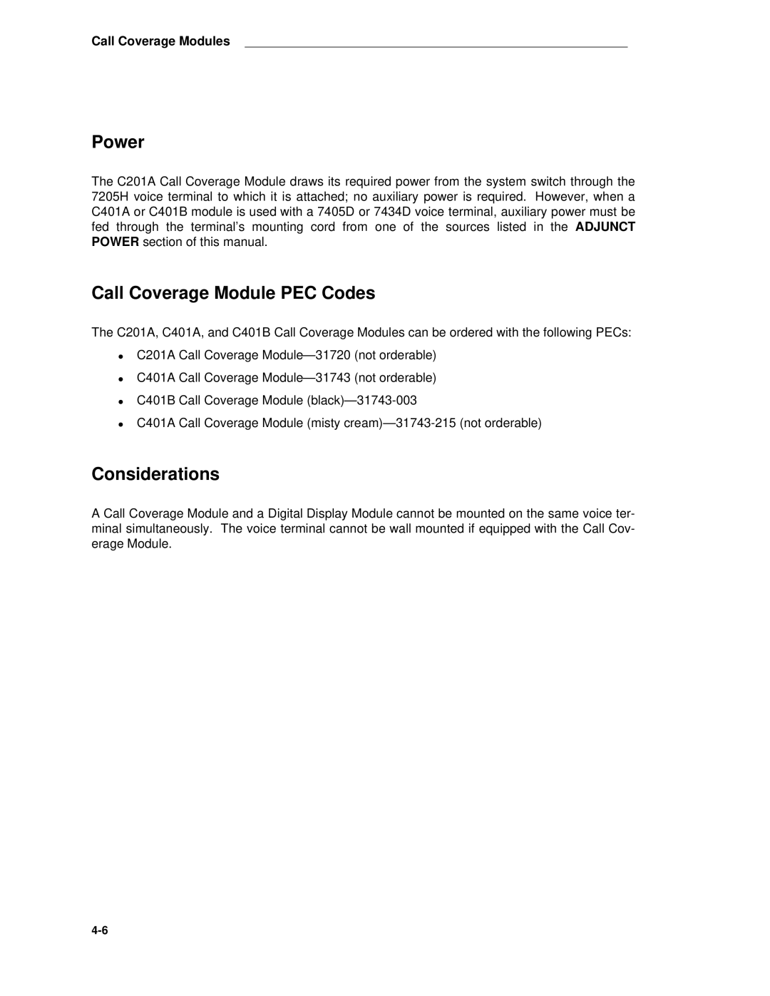 AT&T System 85 manual Power, Call Coverage Module PEC Codes, Considerations 