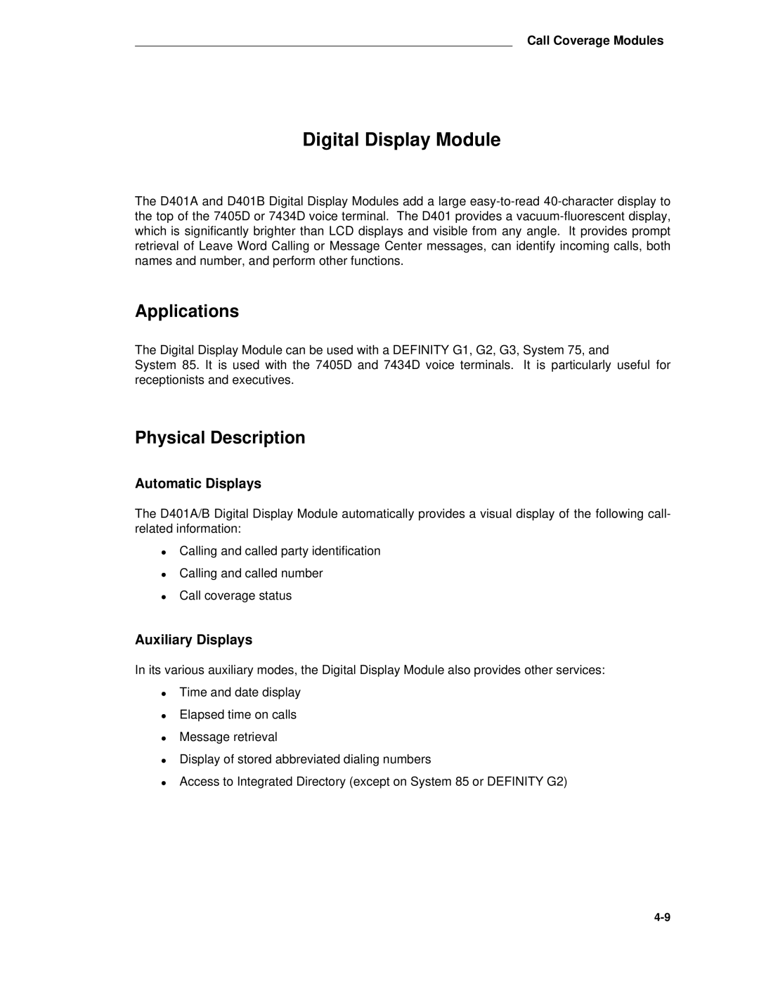 AT&T System 85 manual Digital Display Module, Automatic Displays, Auxiliary Displays 