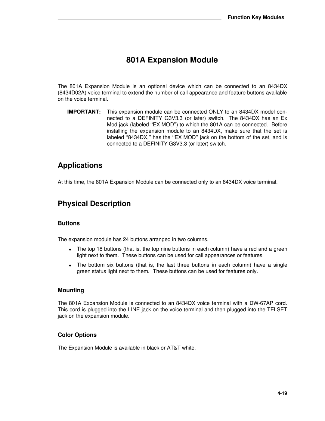 AT&T System 85 manual 801A Expansion Module, Applications 