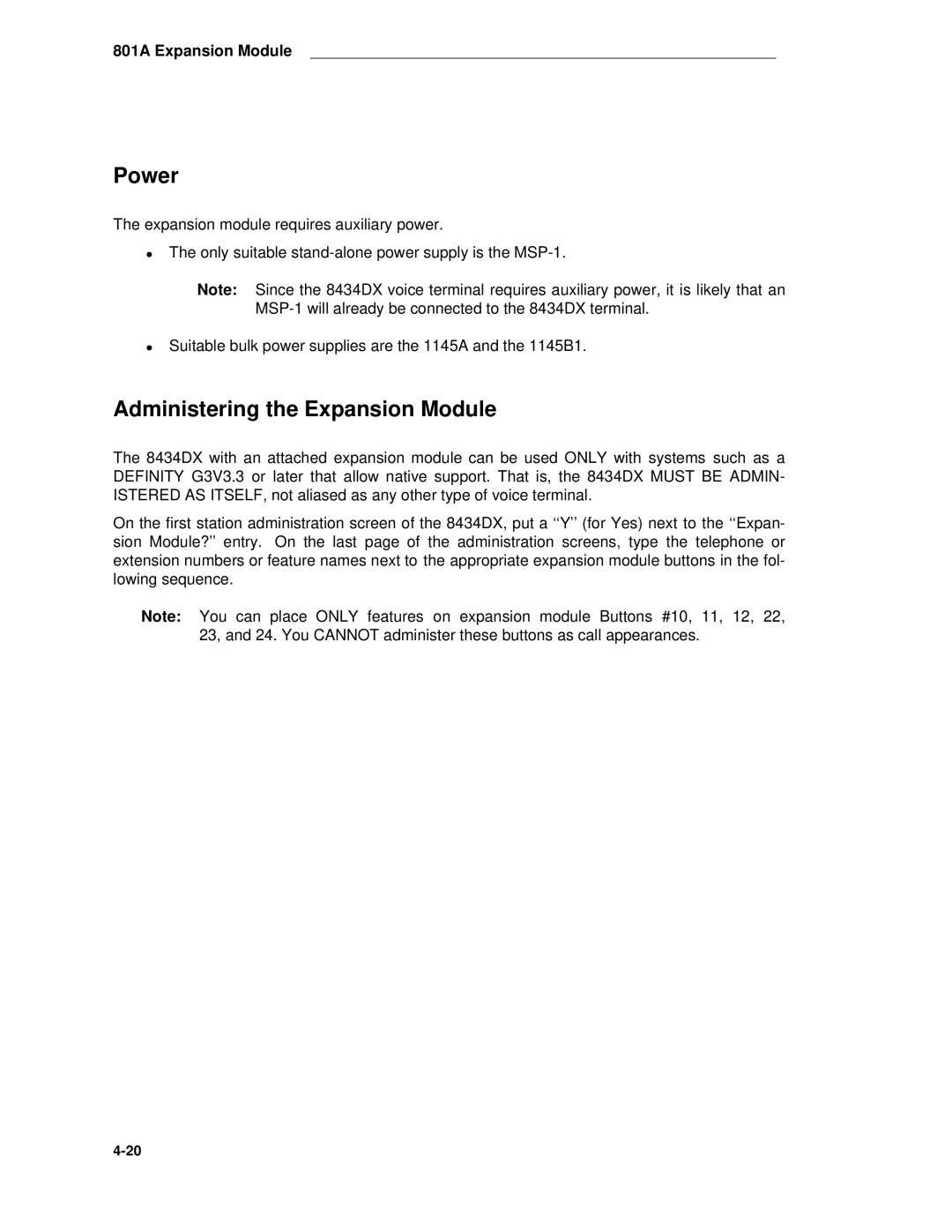 AT&T System 85 manual Power, Administering the Expansion Module 