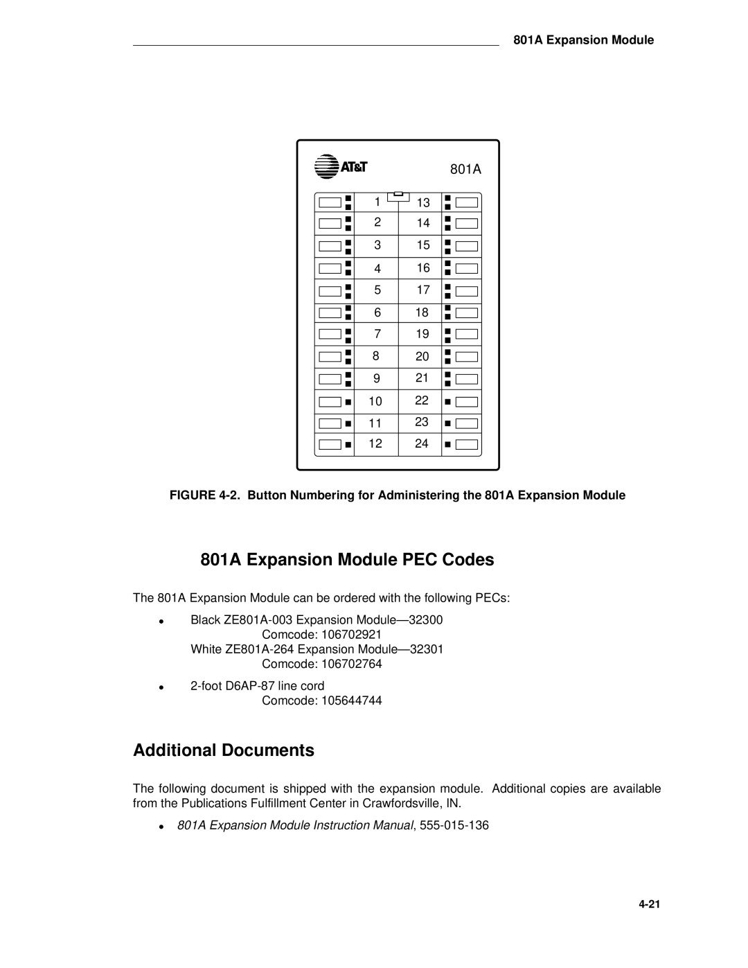 AT&T System 85 manual 801A Expansion Module PEC Codes, Button Numbering for Administering the 801A Expansion Module 