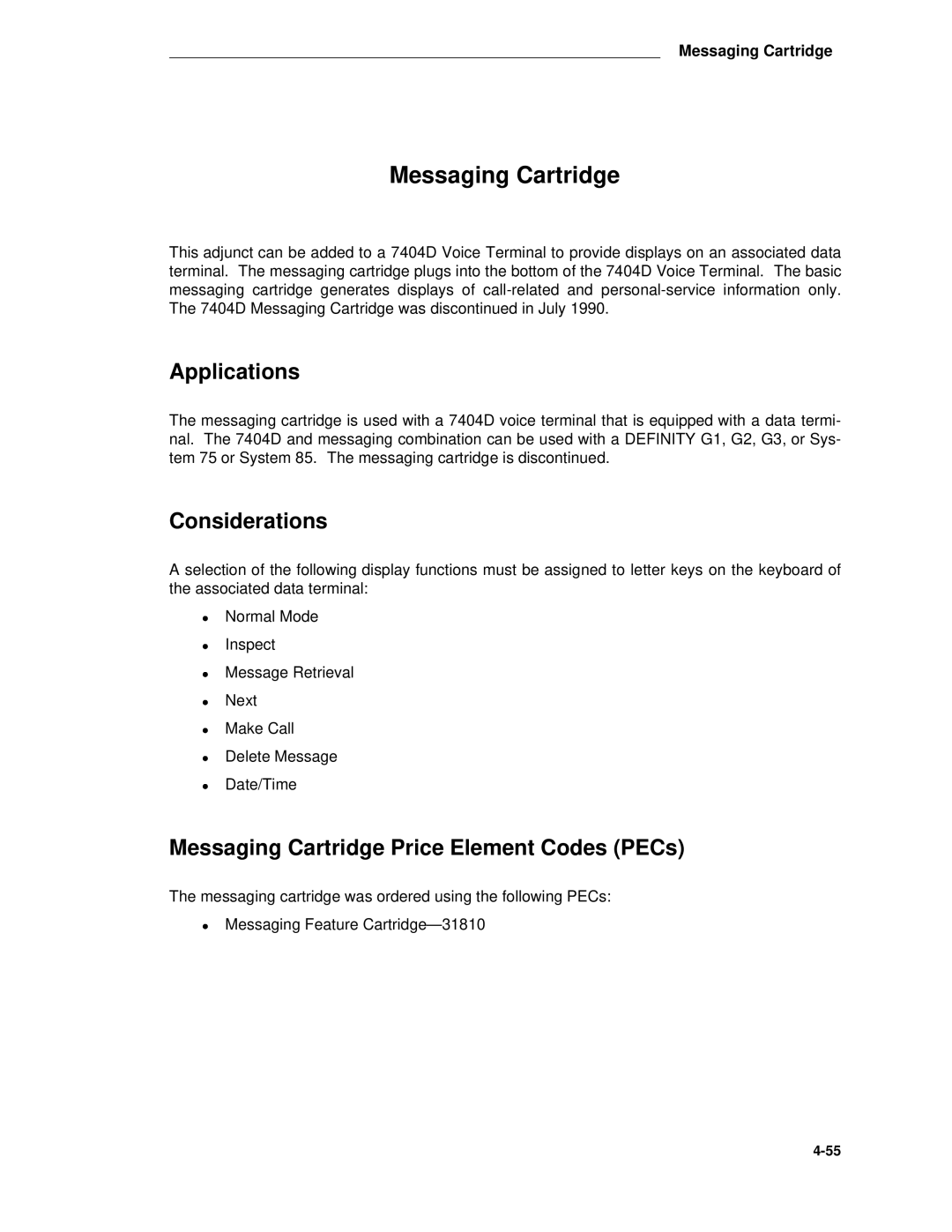 AT&T System 85 manual Messaging Cartridge Price Element Codes PECs 