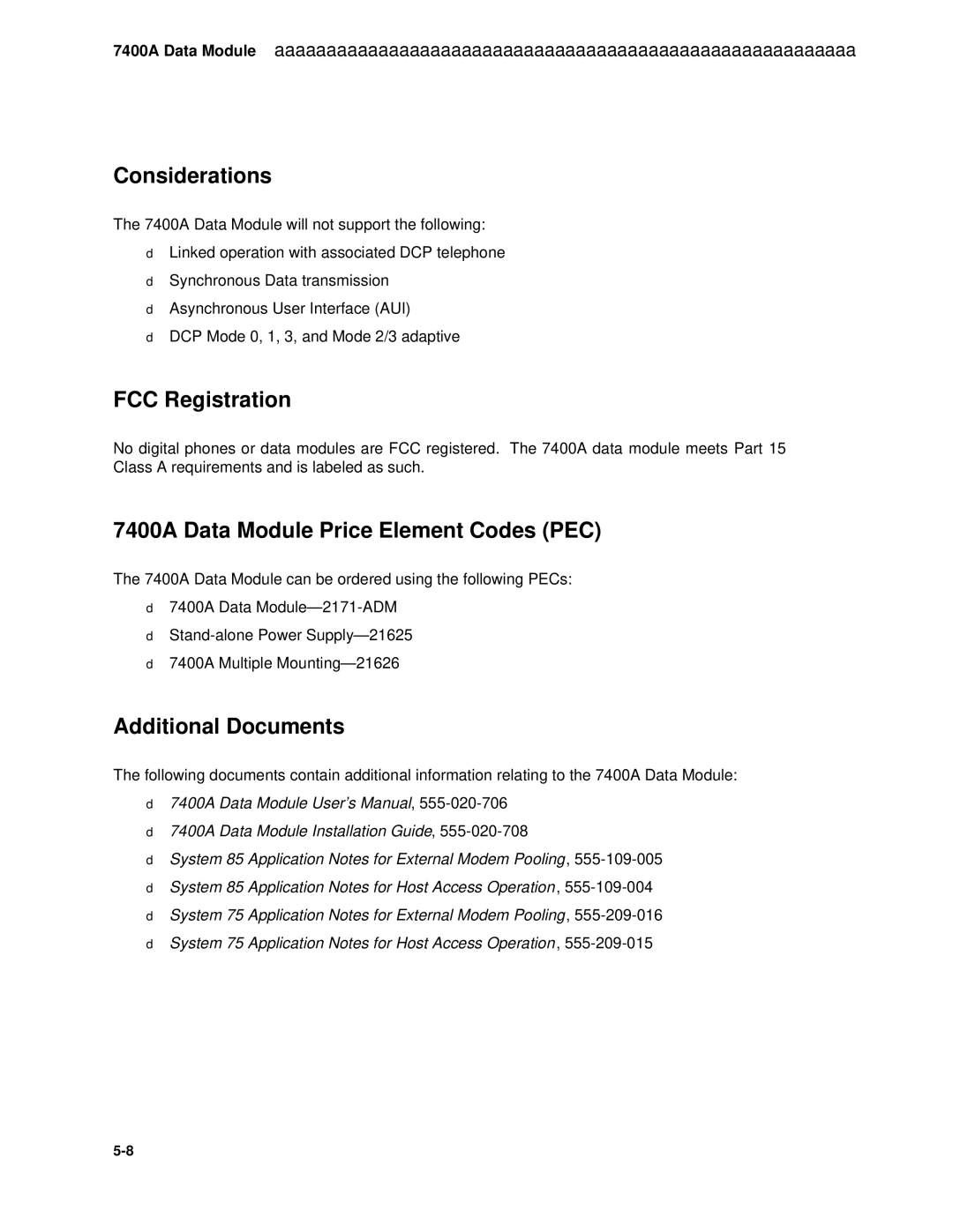 AT&T System 85 manual Considerations, 7400A Data Module Price Element Codes PEC 