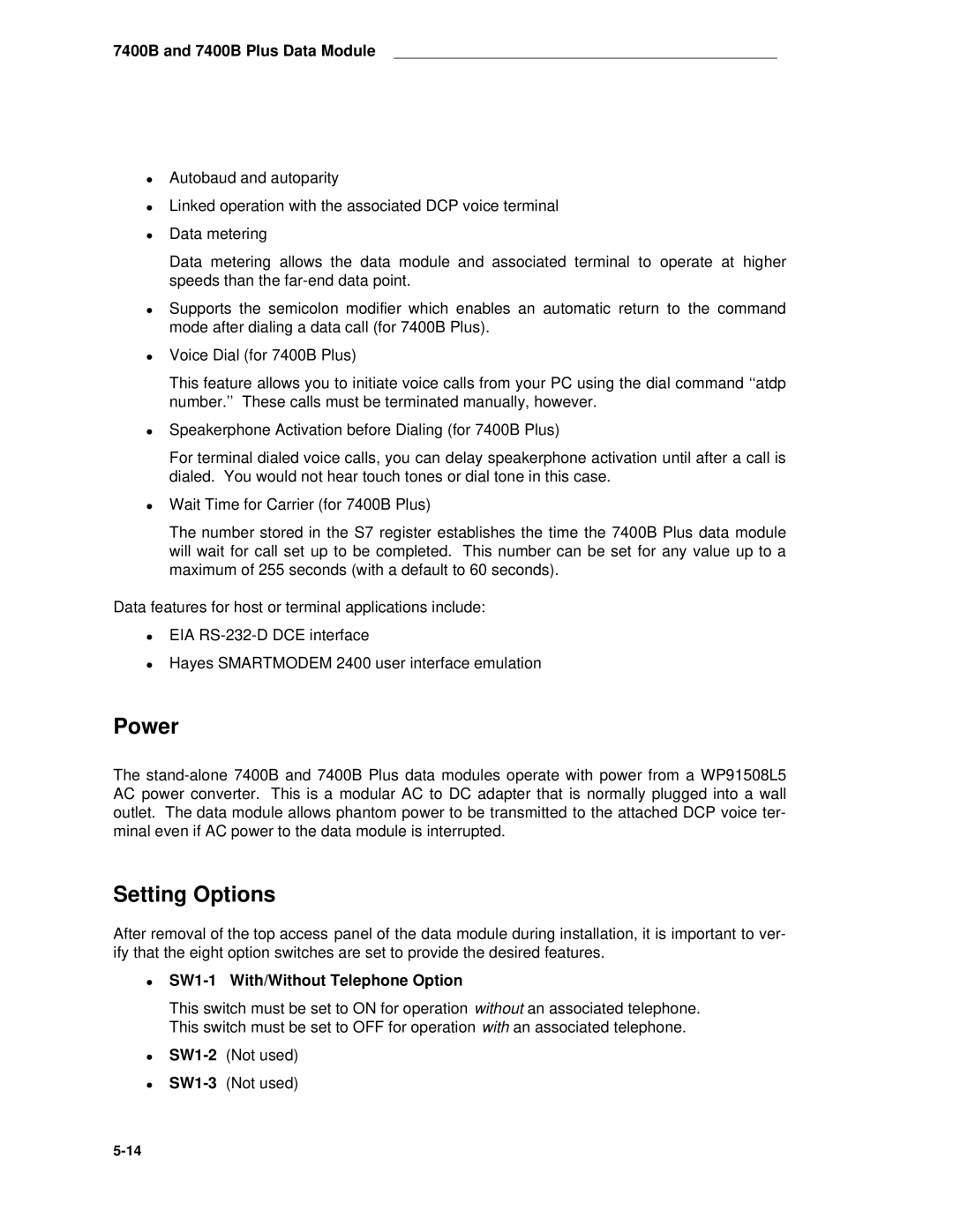 AT&T System 85 manual Setting Options, SW1-1 With/Without Telephone Option 