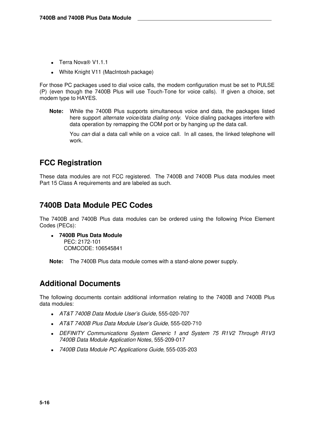 AT&T System 85 manual 7400B Data Module PEC Codes, 7400B Plus Data Module PEC 2172-101 Comcode 