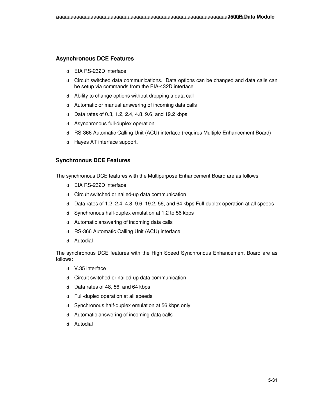 AT&T System 85 manual Asynchronous DCE Features, Synchronous DCE Features 