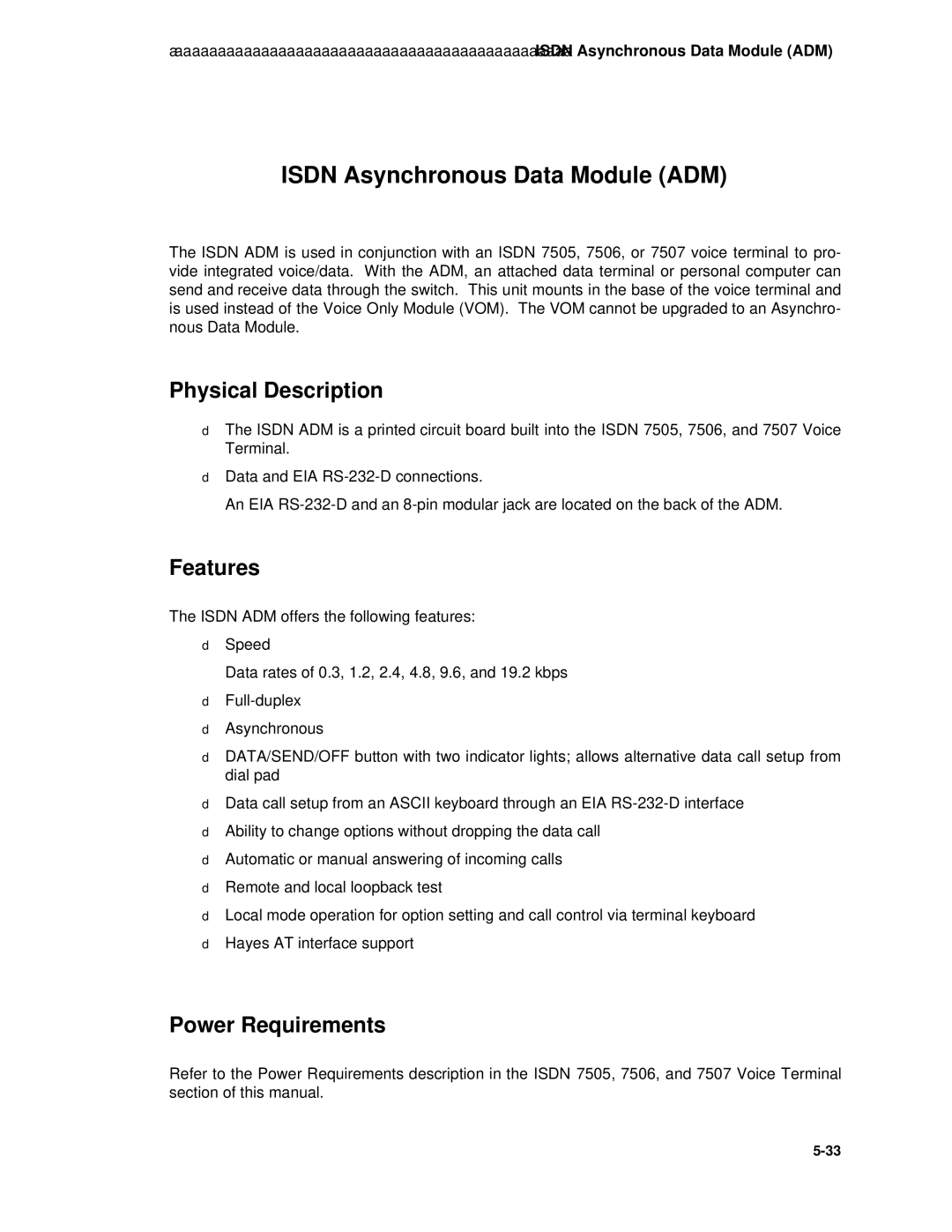 AT&T System 85 manual Isdn Asynchronous Data Module ADM 