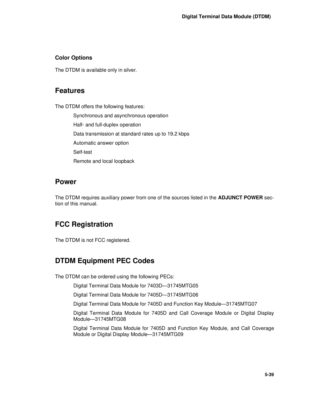 AT&T System 85 manual Dtdm Equipment PEC Codes, Color Options 