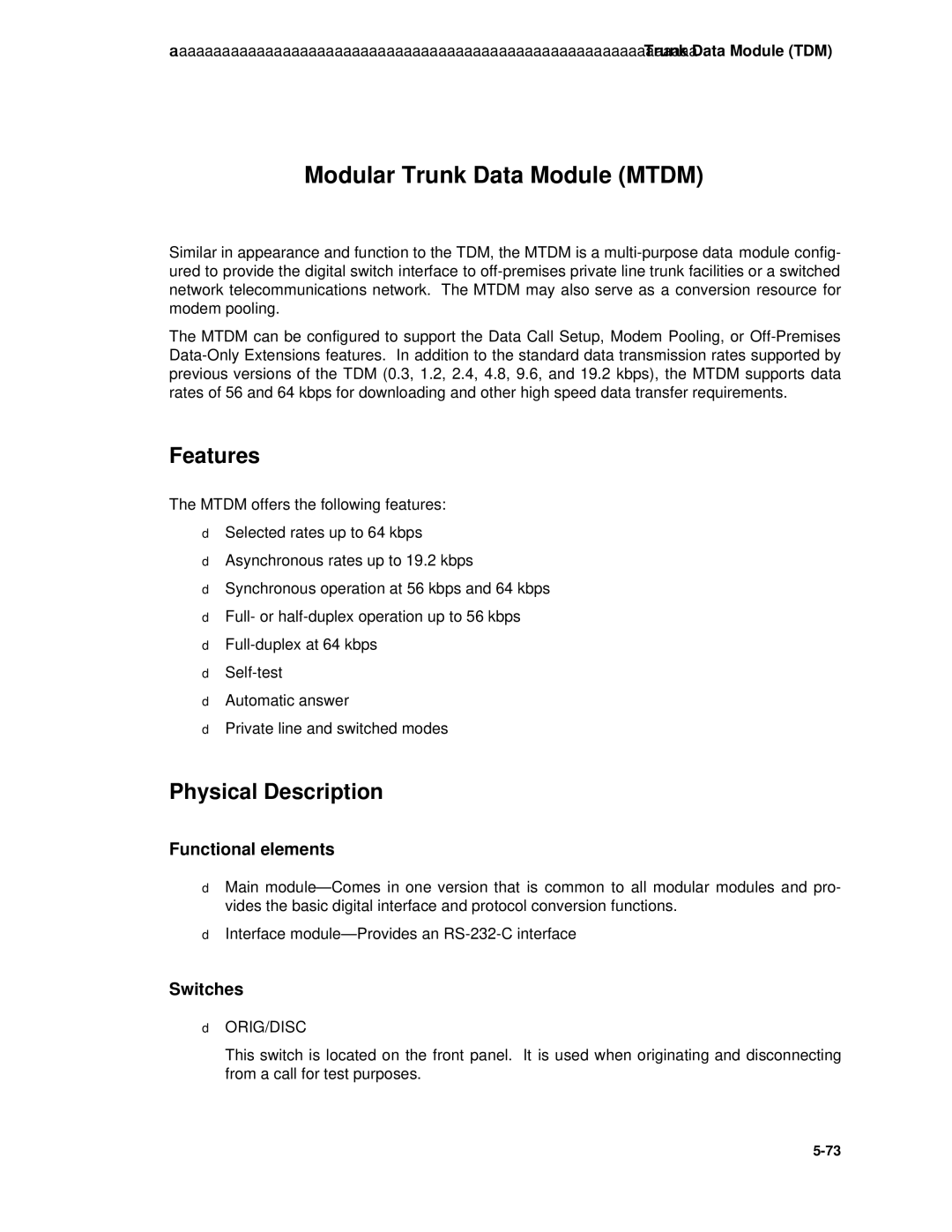 AT&T System 85 manual Modular Trunk Data Module Mtdm, Functional elements 