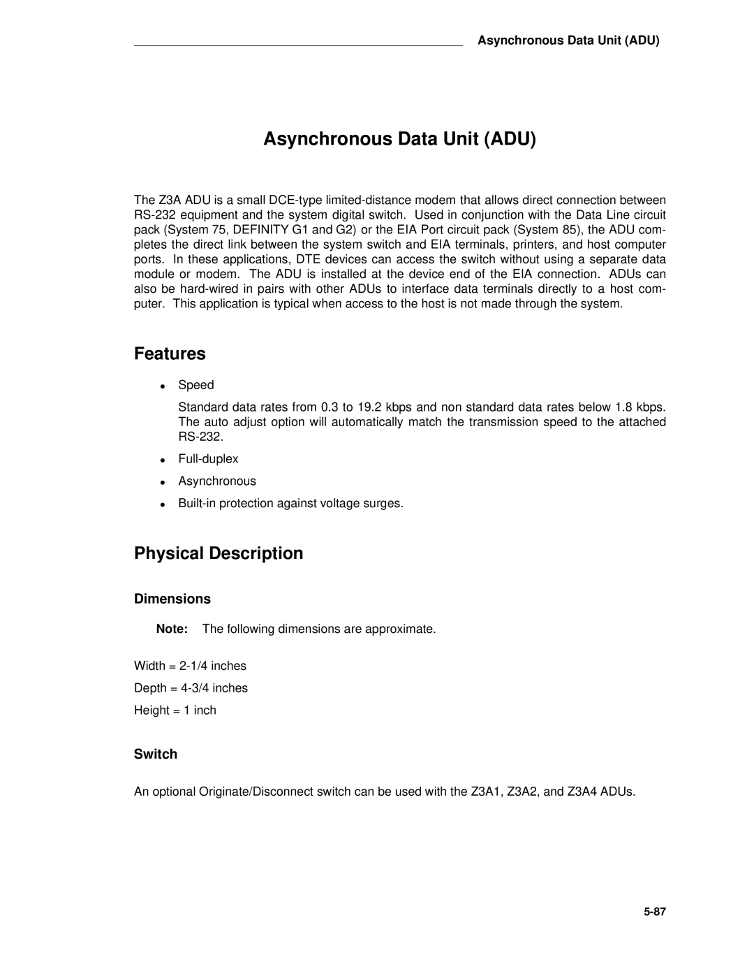 AT&T System 85 manual Asynchronous Data Unit ADU, Switch 