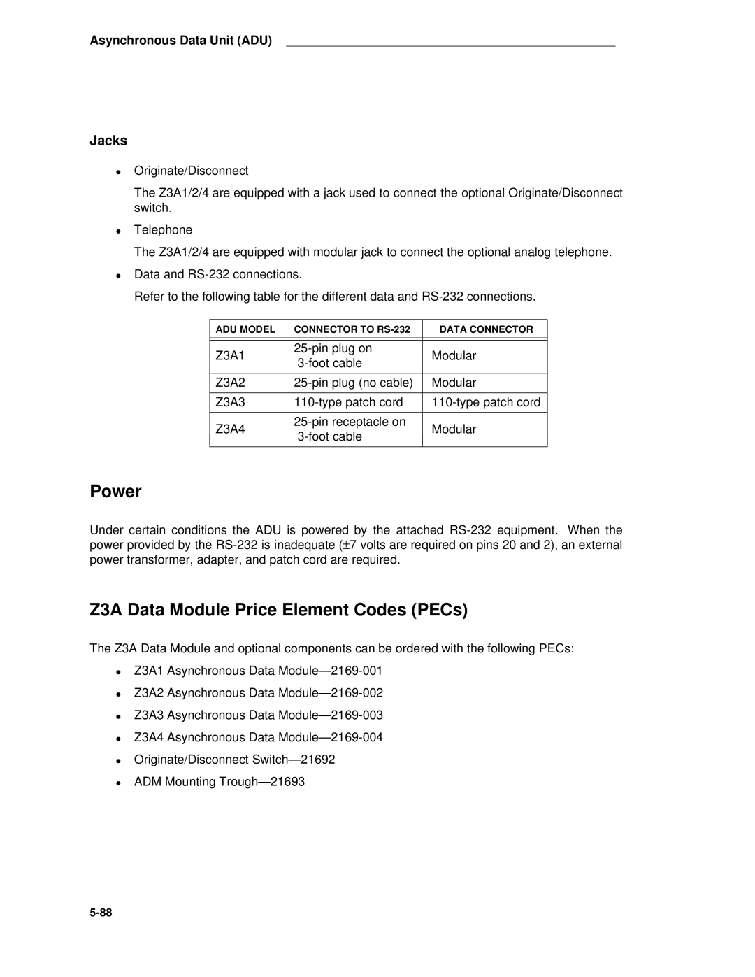 AT&T System 85 manual Z3A Data Module Price Element Codes PECs, Jacks 