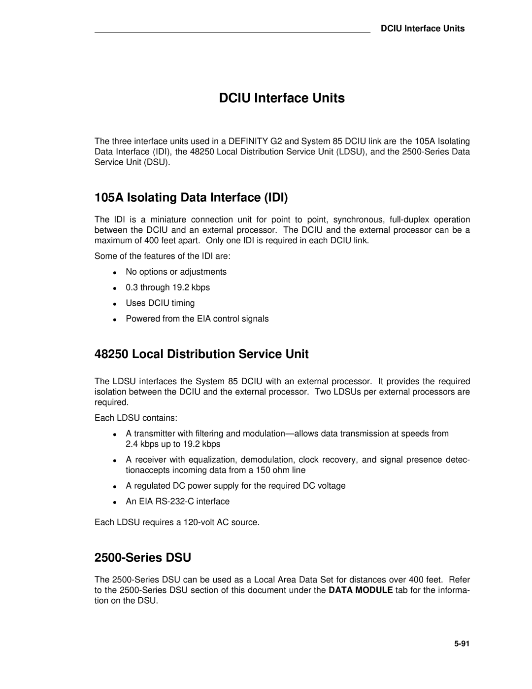 AT&T System 85 manual Dciu Interface Units, 105A Isolating Data Interface IDI, Local Distribution Service Unit, Series DSU 