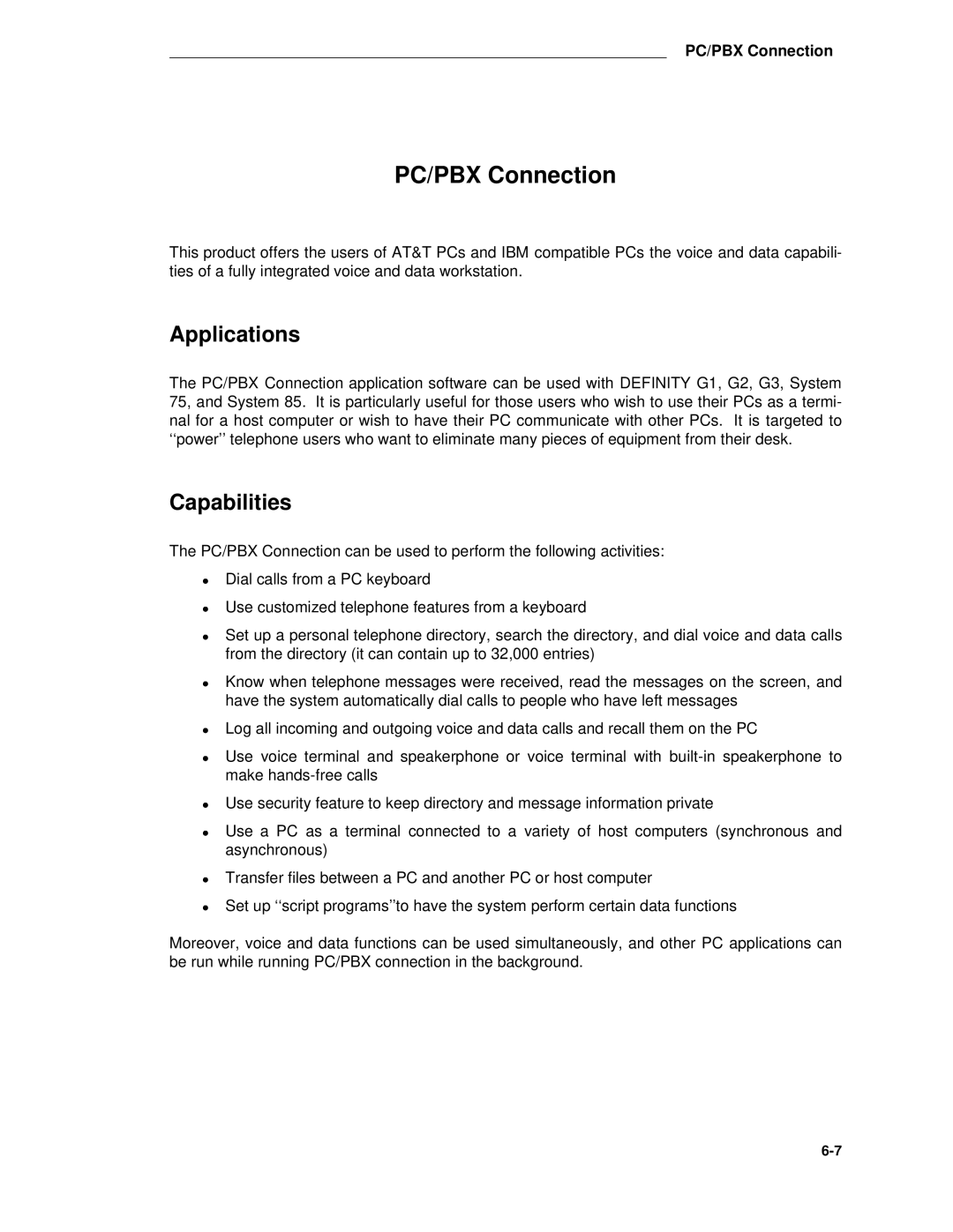 AT&T System 85 manual PC/PBX Connection, Capabilities 